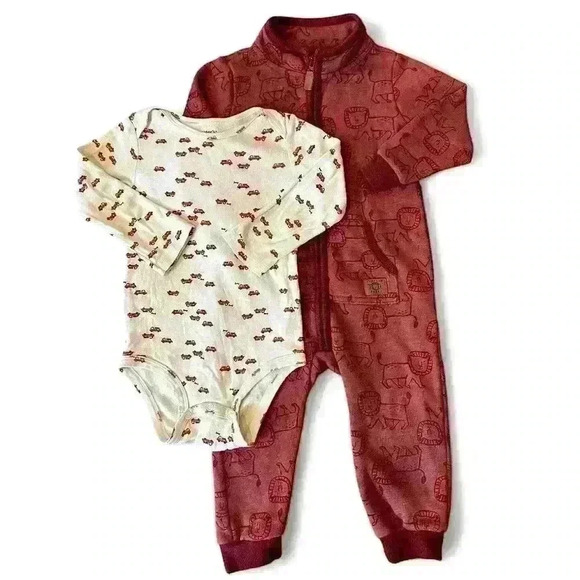 Carter’s sz 2T bundle of red long sleeve onsie & French terry zip up coveralls - Picture 1 of 14